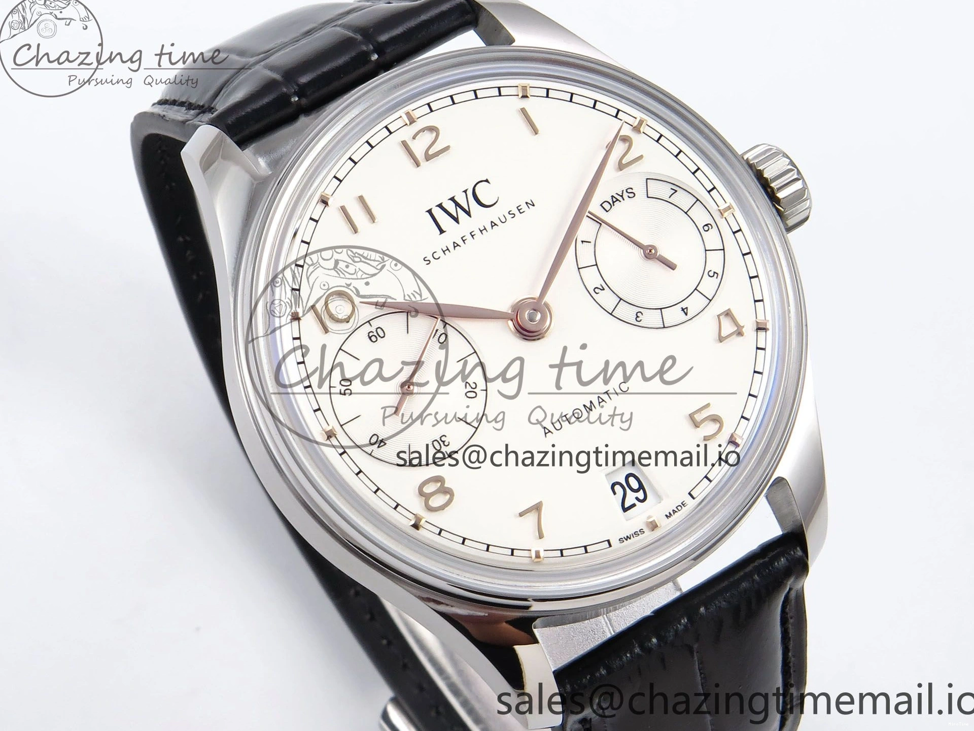 MIROTIME 0308 OnTrend Portugieser Automatic 42mm SS APSF 1:1 Best Edition White RG Dial on Black Leather Strap A 7010